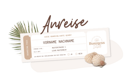 businessinsel ticket als mockup mit muschel und palmblatt und dem wort Anreise