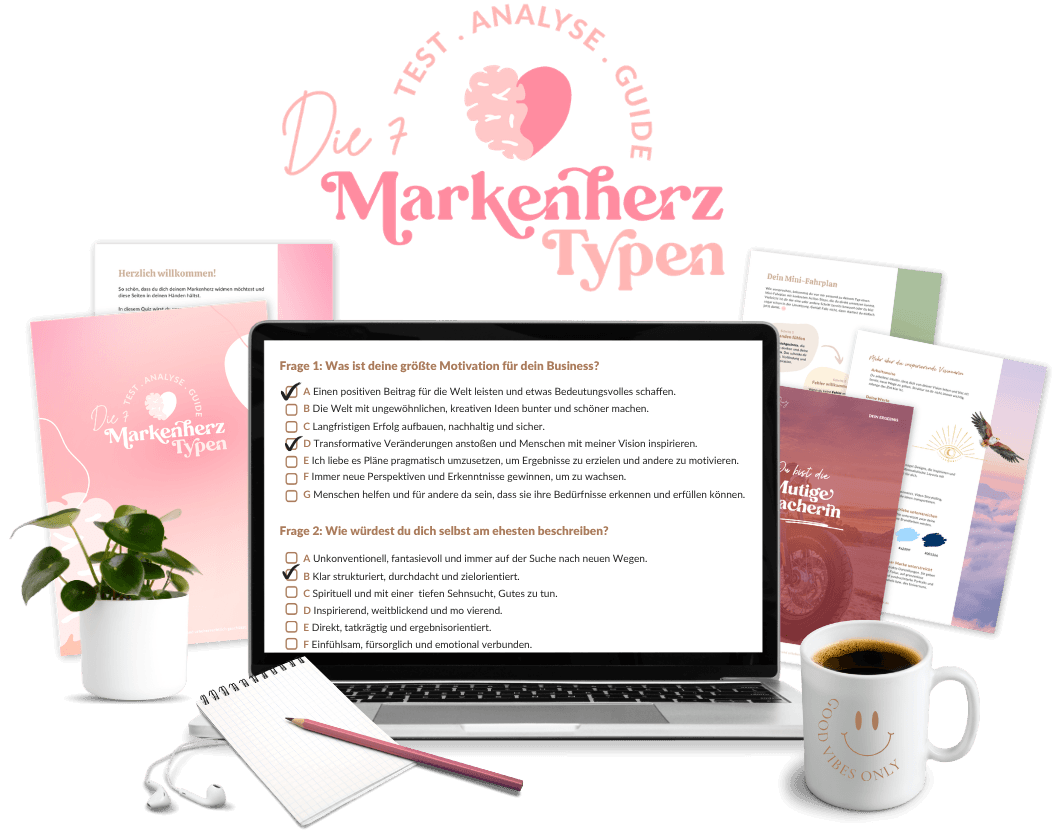 Die 7 Markenherz Typen, finde heraus, was dein Business im Kern einzigartig macht. Mockup mit Logo